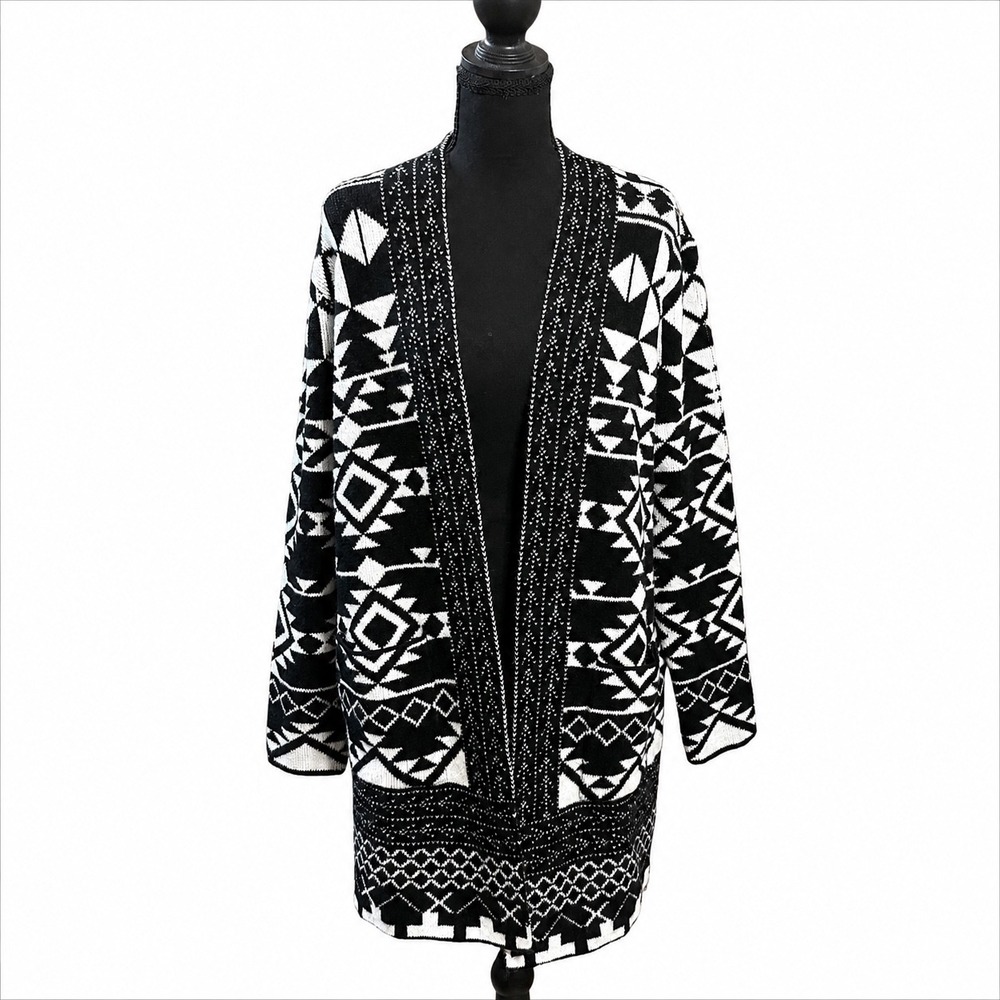 Frye Black White Southwestern Geometric Open Front Cardigan Size Small